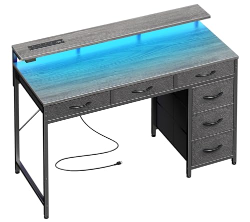 Huuger Gaming Desk with 6 Drawers, Computer Desk with LED Lights Power Outlets and Type-C, 39 Inch Office Desk with Storage, Monitor Stand, Writing Desk Work Desk for Home Office, Bedroom, Study, Grey