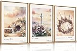 Ausril 3-teiliges christliches Kreuz gerahmtes Wandkunst-Set, leeres Jesusgrab, Leinwanddekoration, christliche religiöse Bibelmalerei, Jesus-Kruzifixion, gestiegener Osterdruck für Wohnzimmer