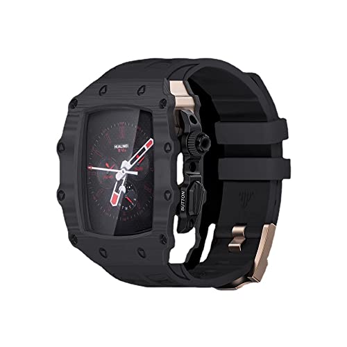 BUDAY Carbon Fiber Watch Case Rubber Bracelet Wristband Strap Modification Kit?For Apple Watch 45mm 44mm 9 8 7 6 5 4 SE Series Watch Upgrade Replace Strap(Black RoseGold,44MM)