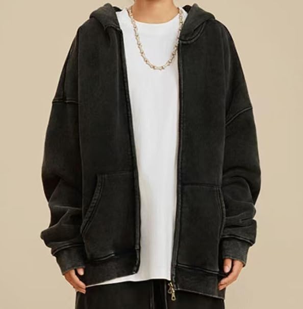 Men's Zip-Up Hoodies Solid Hip-Hop Y2K Oversize Wash Old Craft Basic Hoodies Heavyweight Casual Fit Sweatshirt - Image 3
