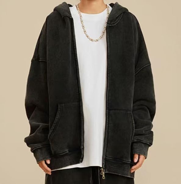 Men's Zip-Up Hoodies Solid Hip-Hop Y2K Oversize Wash Old Craft Basic Hoodies Heavyweight Casual Fit Sweatshirt3