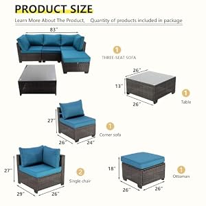 Patio Furniture Set 5 Piece Outdoor Patio Sectional Furniture Conversation Set Wicker Porch Couch Sofa Seat for Backyard Garden PoolsideBrownPeacock Blue