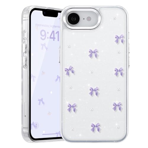 Coque iPhone 16e transparente paillettes avec motif nœud violet 3D anti-choc