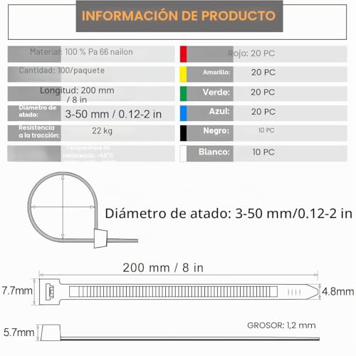 Miniatura 2 de Mgctolbox Bridas Plástico 200mm X 4.8mm, Bridas Reutilizables, Bridas De Colores Verdes Blancas Negras Amarillas Rojas, 100 Unidades