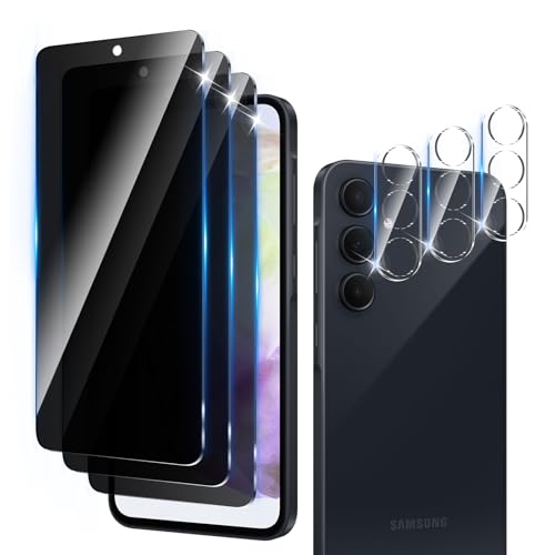 LZAYN 3+3 Pack Privacy Screen Protector Designed for Samsung Galaxy A35/A55 5G With 3 Pack Camera Lens Protector,Anti-Spy Tempered Glass Film,9H Hardness,Bubble Free,Easy to Install