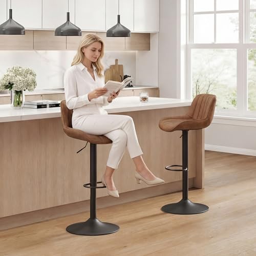 Fat Ant Set de 4 Butacos de Bar, Asiento Ajustable de Cuero PU, Giratorio, Altura para Barra, Sillas Modernas sin Brazos para Isla de Cocina, Amarillo Marrón miniatura 4