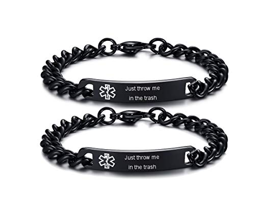 XUANPAI Medical Alert ID Bracelet When 4pcs Couple Necklace Bracelet Set, in The Trash Engraved ID Bracelets for Men or Women,2 Pcs