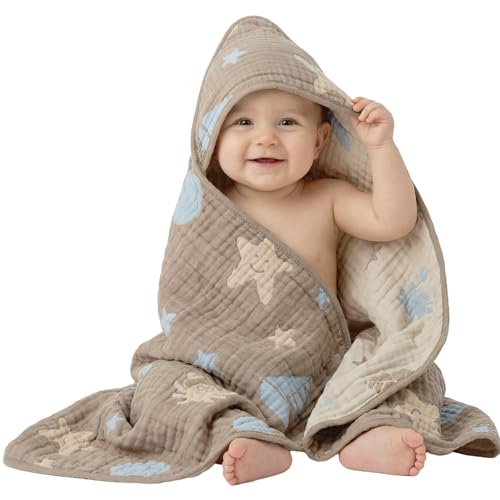Image of HardNok Ultra-Soft Muslin Baby Hooded Towel - 32 x 32 Inches, Ideal for Bath & Beach, Suitable for Both Boys & Girls from Newborns to Toddlers(Ocean Coffee