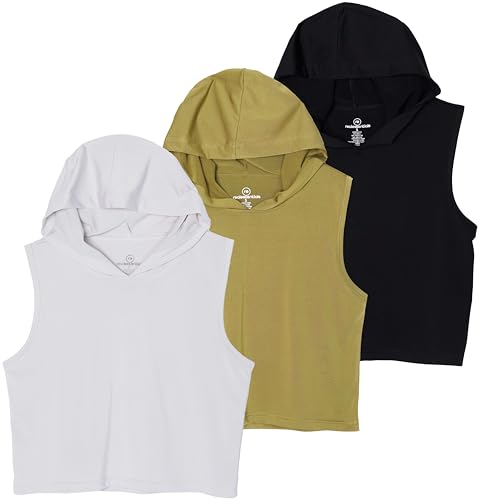Real Essentials 3 Pack: Women's Dry-Fit Sleeveless Cropped Tank Top Hoodie - Athletic Crop Sweatshirt