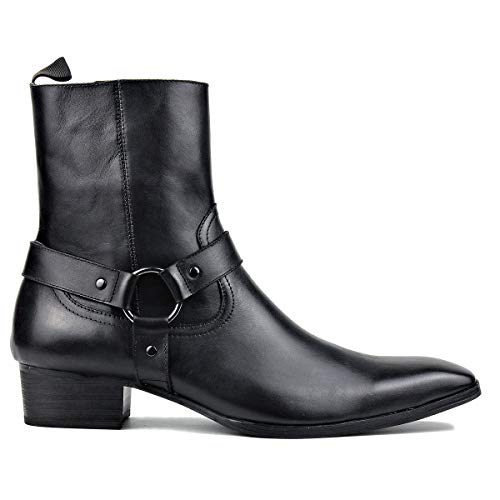 OSSTONE Men Chelsea Ankle Boots Leather Chukka Motorcycle Boots with Side Zipper Heel Retro Dress Boots JY0172