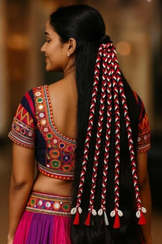 Image of Navratri Hair Braids with Rubber Bands for Girls & Women | Rainbow Hair Extension | Stylish Boho Chic Braids Accessory for Festive, Party & Everyday Look | Easy to Wear & Reusable (Single Kodi)