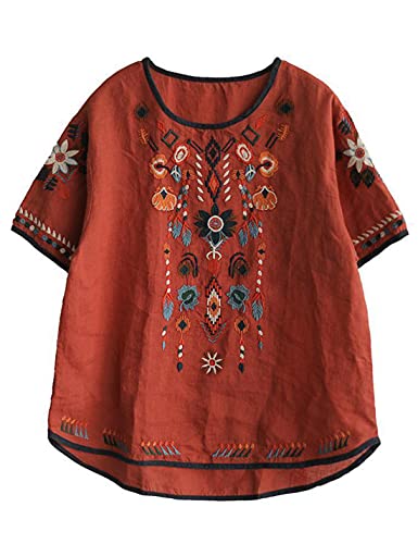 Seekme Women's Embroidered Blouse Cotton Linen Short Sleeve Peasant Boho Mexican Tunic Top Casual T Shirt (0215-Red-L-Fy) #TOP6