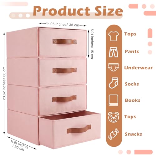 Windyun-4-in-1-Stackable-Storage-Drawers-Closet-OrganizerPink-Fabric-Bins-with-Drawers-for-Socks-Underwear-Bras-Scarves-Ties-Large-Foldable-Clothes-Storage-Boxes-12-x-15-x-6-Inch