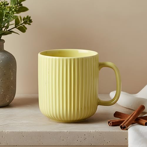 CRAF10 Linear Luxe Ceramic Coffee/Milk Mugs, 340 ML, Dishwasher & Microwave Safe, Yellow, Set of 1