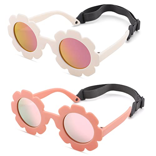 Image of Bouryo Flexible Baby Polarized Flower Sunglasses with Strap Bendable Frame for Infant Boys Girls Ages 0-24 Months