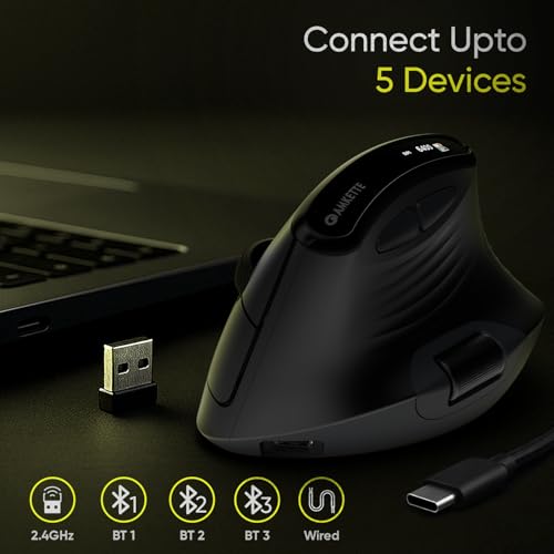 Image of Amkette XS Natural Plus Programmable Vertical Wireless Mouse /Bluetooth Mouse, OLED Display Side Scroll, 6400DPI, 2.4G+3xBT+Wired, 7 Button, Rechargeable, 6400DPI, Web Software, 1000Hz, 2Yrs Warranty
