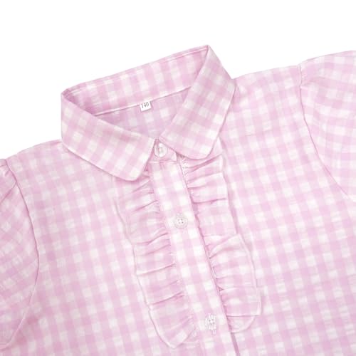 Image of Girls Short Sleeve Button Down Shirts Ruffle School Uniform Crop Tops Peter Pan Collar Plaid Blouse 4-13Y
