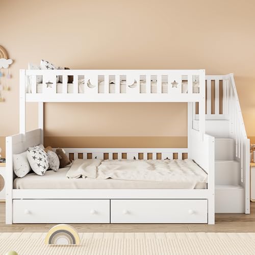MSMOK Cuna 90 x 200/140 x 200 cm, color blanco, litera de madera maciza con escalera de seguridad, dos cajones grandes y somier de láminas