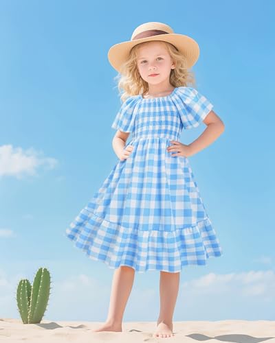 LQSZ Girls Dresses Plaid Smocked Dress Girls' Short Sleeve Summer Dresses for Kids 2-12Y2