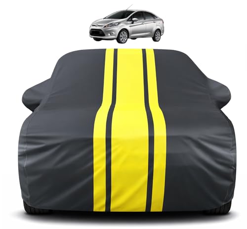 Image of Auto Hub Car Cover Compatible with Ford Fiesta with Mirror Pocket, Soft Cotton Lining, Fiesta Car Cover Waterproof - Yellow-Black