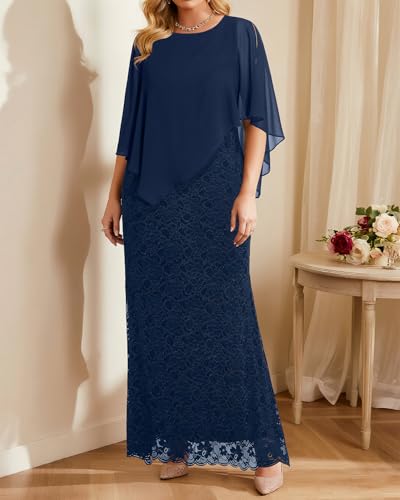 Image of Women's Plus Size Cape Dress with Chiffon Overlay Gown Formal Evening Lace Long Mermaid Dresses 2024