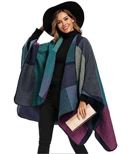 Envoltório de xale de bloco de cores feminino plus size cardigan poncho capa aberta frontal longo ca