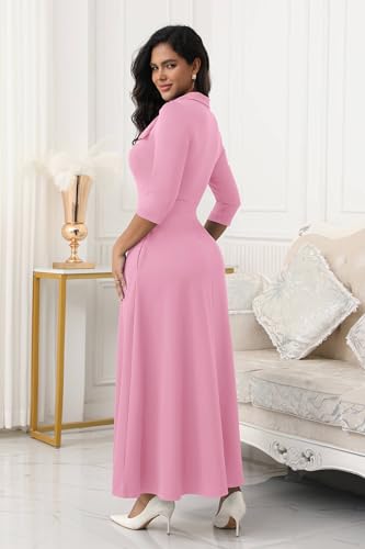 Image of FANDEE Maxi Dress for Women Long Elegant 3 /4 Sleeve Bow Tie Neck A Line Casual Party Church Dresses with Pockets