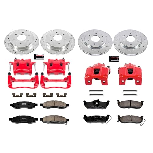 Image of PowerStop Front and Rear Brake Kit for INFINITI QX56 2005-07 |Nissan Armada 2005-06 |TITAN 2005-07 - Carbon-Fiber Ceramic Brake Pads + Drilled & Slotted Rotors + Red Powder Coated Calipers, KC212