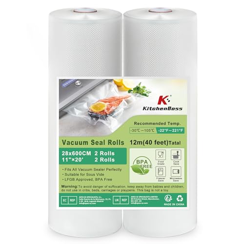 KitchenBoss Sacs Sous Vide Alimentaire：2 Rouleaux 28x600cm, Rouleau Sous Vide Alimentaire Convient à L'appareil de Mise sous Vide, Sac Sous Vide pour la Cuisson,...