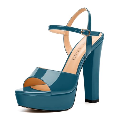 Womens Sandals, Round Open Toe Platform Sandals, Adjustable Ankle Strap Buckle High Heels, Fashion Solid Patent Sandals