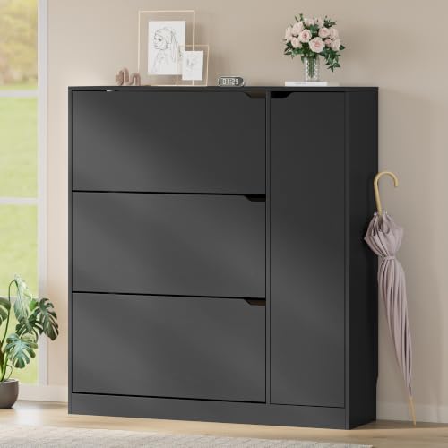 Image of BORNOON Shoe Cabinet with Side Storage, Shoe Organizer with 3 Flip Drawers