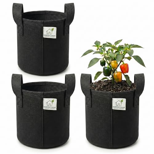 Image of 400 GSM Geo Fabric Round Grow Bags 15x15 Inch with Handle, Black Planting Bags for Terrace and Kitchen Gardening Pack of 3