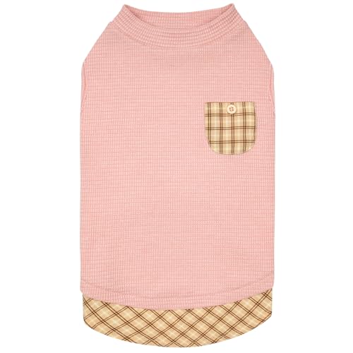 KYEESE Waffle Dog Shirts for Small Dogs Soft Lightweight T-Shirts Sleeveless Vest Stretchy Puppy Tee with Decorative Pocket and Stylish Plaid Patchwork, X-Large