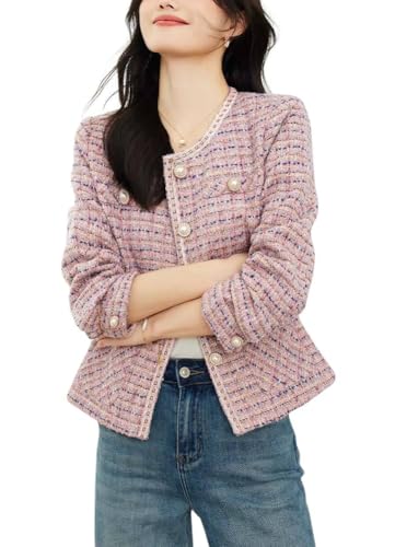 chouyatou Women's Fall Casual Button Down Tweed Jacket Collarless Office Work Cropped Blazer Coat