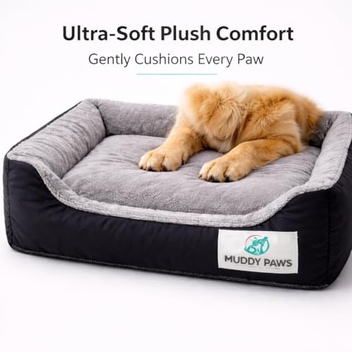 Image of MUDDY PAWS Reversible Sofa Style Dog Bed - XXXL (106 x 81 x 22 cm) - Plush Fur Surface, Removable Cushion & Anti-Skid Base - Black & Grey