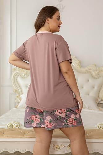 Image of Vozanet Women's Short Sleeve Top and Shorts Pajama Sets Plus Size V Neck Colorful Flower Nighty Loungewear With TWO Pockets