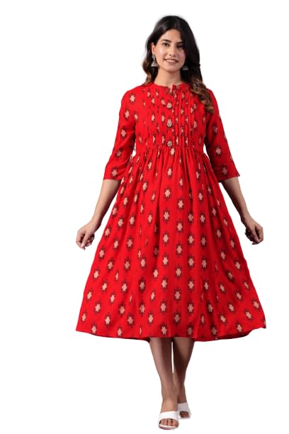 Urmisa Women's Rayon Printed Flared/A-Line Maternity Feeding Kurta with Zippers - Women's Calf Length Maternity Dresses Maternity Feeding Gown