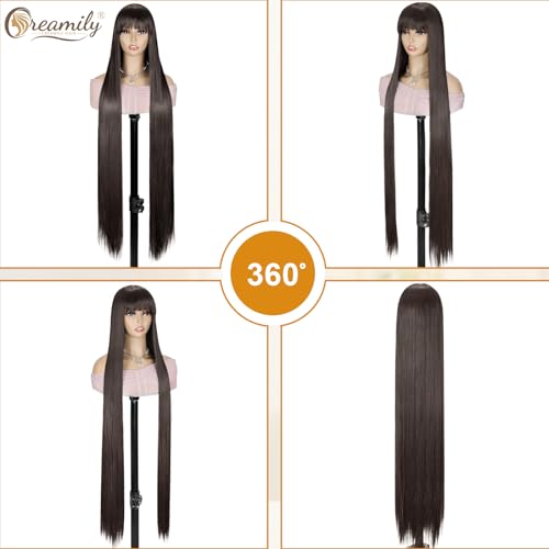 Image of Creamily Long Straight Brown Wig For Women Glueless Synthetic Wig with Bangs 40 Inches,Natural Looking Hair Wig For Woman For Cosplay Daily Wear