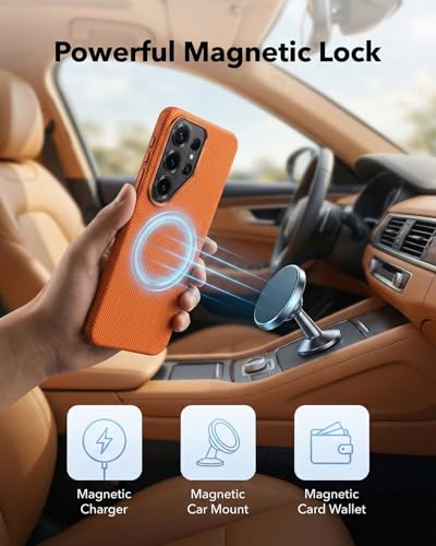 Coque compatible MagSafe Samsung S26 Plus orange avec texture carbone fine - 3