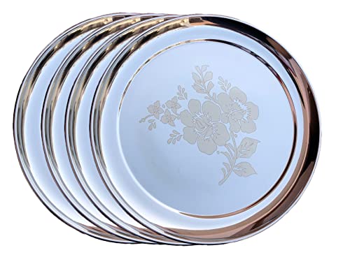 KC Stainless Steel Lazer Design Dinner Plate Set of 4 (Full Size Plate Diamm. 29.5 CM with Floral Design)