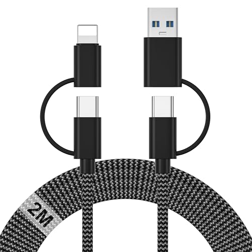4 en 1 Multi Cable de Carga Rápida 2M, 60W Nailon Multi Cable Cargador Tipo C Carga Rápida Cabo USB C con USB A/Lightning Adaptador para iPhone 17/16/15/14, iPad, Samsung, Xiaomi, Redmi, Huawei, Honor