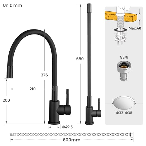 CECIPA Küchenarmatur Flexibel 360° Drehbar, Spülarmaturen Küche Hochdruck, Schwarze Küchenarmaturen, Küchenwasserhahn Edelstahl, Armatur Küche für Spüle, Mischbatterie Einhebel - SOFETIY SERIE