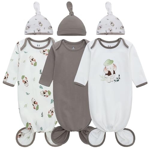 Miracle Baby Newborn Knotted Gown with Hat Set, 3 Pack Newborn Nightgowns, Baby Sleeper Gowns with Mitten Cuffs for Boys Girls 0-6 Months
