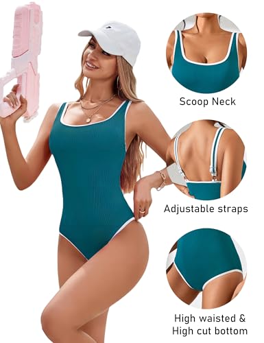 Image of BMJL Women's One Piece Swimsuit Sports Adjustable Strap Bathing Suit Color Block Ribbed High Cut Swimsuits