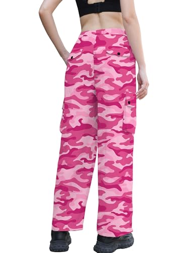 Image of Betusline Girls & Women's High Waist Wide Leg Cargo Pants Y2K Parachute Pants with Pockets and Drawstring 6 Years-Women 2XL