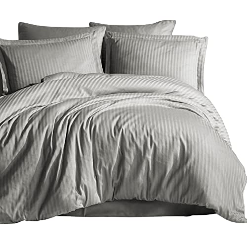 Hafaa Double Duvet Cover Sets - Stripes Satin Microfiber Hotel Quality Quilt Cover Bedding Sets with 2 Matching Pillowcases, Anti-Wrinkle Breathable Reversible (Grey, Double)
