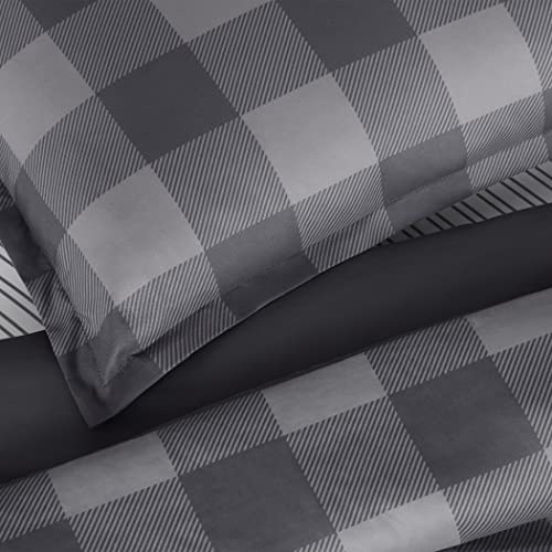 Serta Simply Clean Alex Soft 7 Piece Buffalo Check Plaid Bed In A Bag Complete Bedding Comforter Set With Sheets And Pillow Cases For All Season, King, Charcoal #TOP1