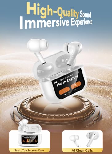Image of Bucephalus Wireless Earbuds, Bluetooth 5.4 Ear Buds with Smart Touchscreen Case & Noise Cancelling, 48H Playtime, Bass Stereo Sound, Compatible with iPhone /Android, Pad - Pearl White