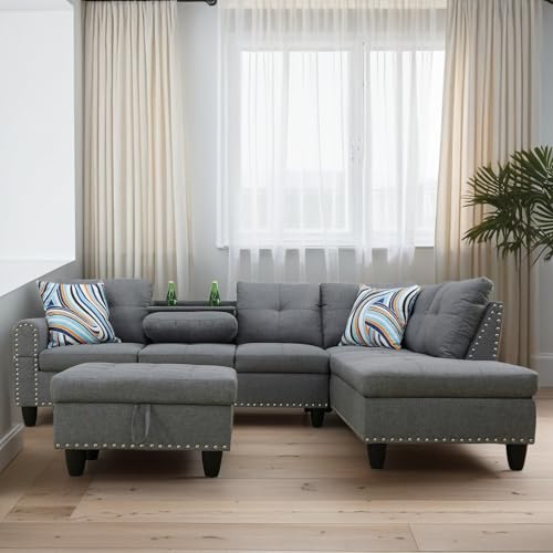 Trygoal L-Shaped Sectional Sofa with Storage Ottoman, Grey