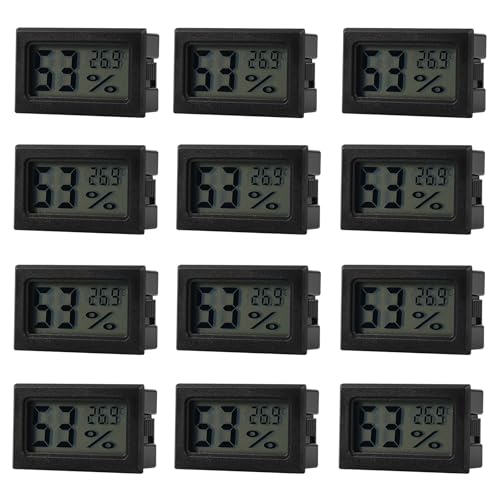 12 Stück Digital Thermometer Hygrometer: 2in1 Thermo-Hygrometer Luftfeuchtigkeitsmesser, Präzisions LCD Digital Innen Thermometer, Hygrometer Mini für Kühlschrank Gewächshaus Innen Schwarz